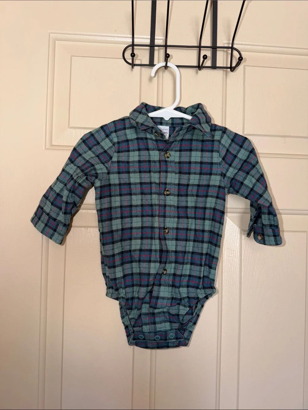 Carter's Green Plaid Hooded Button Romper